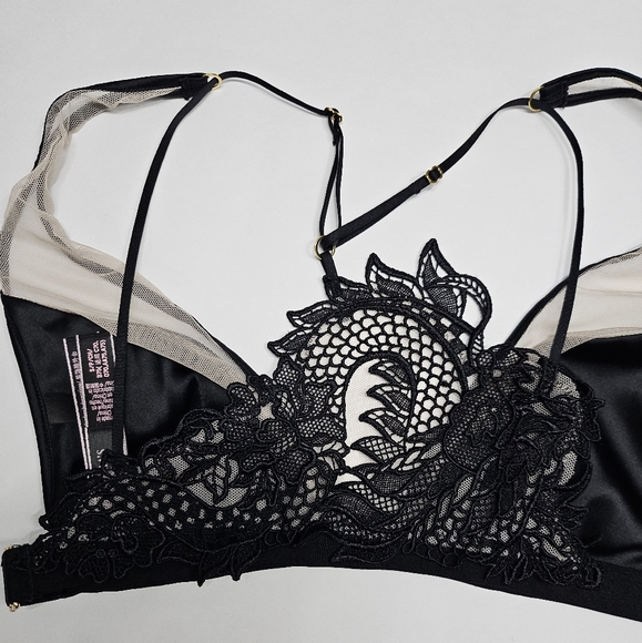 Victoria's Secret Luxe Dragon Lace Bralette Black Satin Mesh Plunging Neck Sz S - Picture 7 of 16